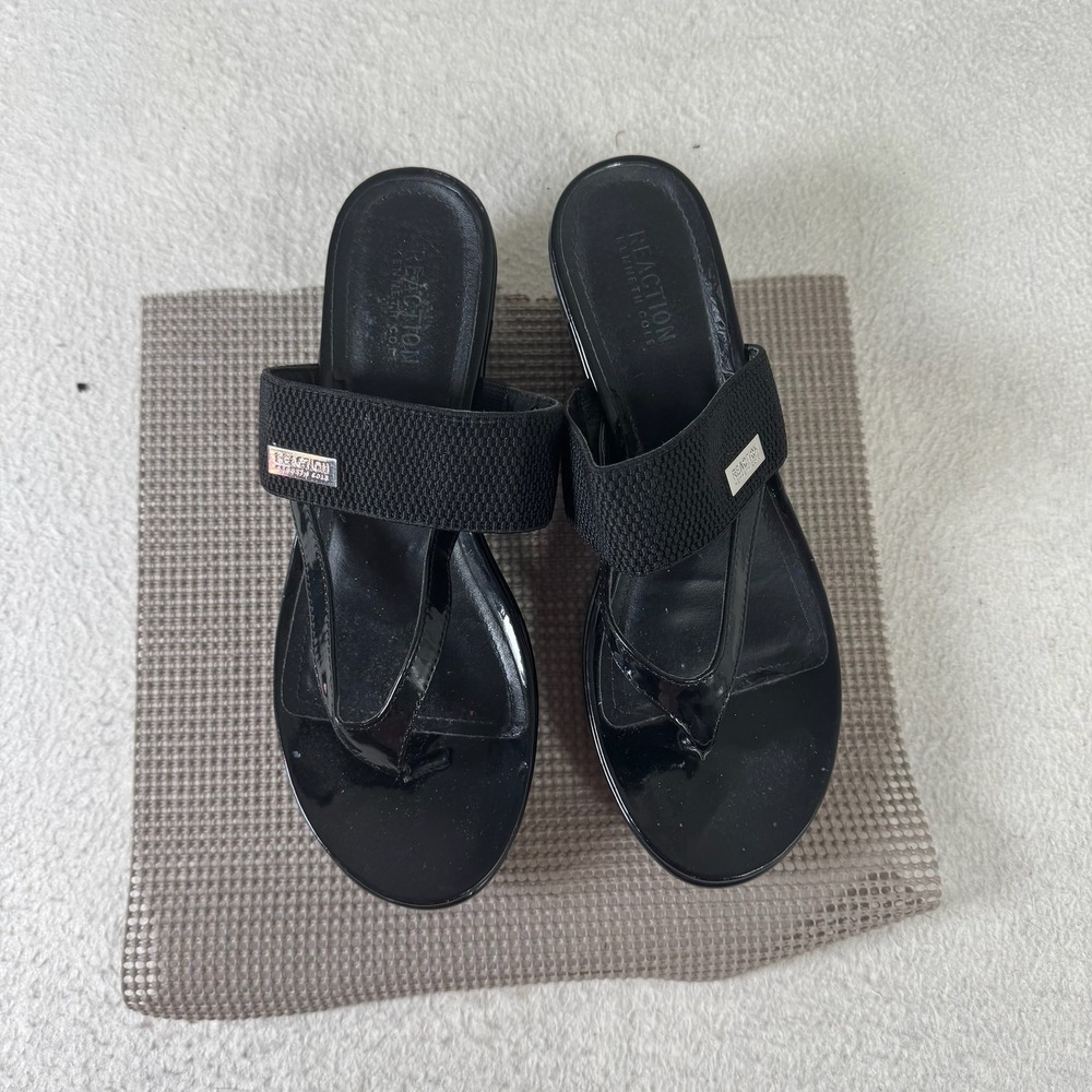 Kenneth Cole Reaction Wave Cross Sandal Womens 10 Black Wedge Platform Thong